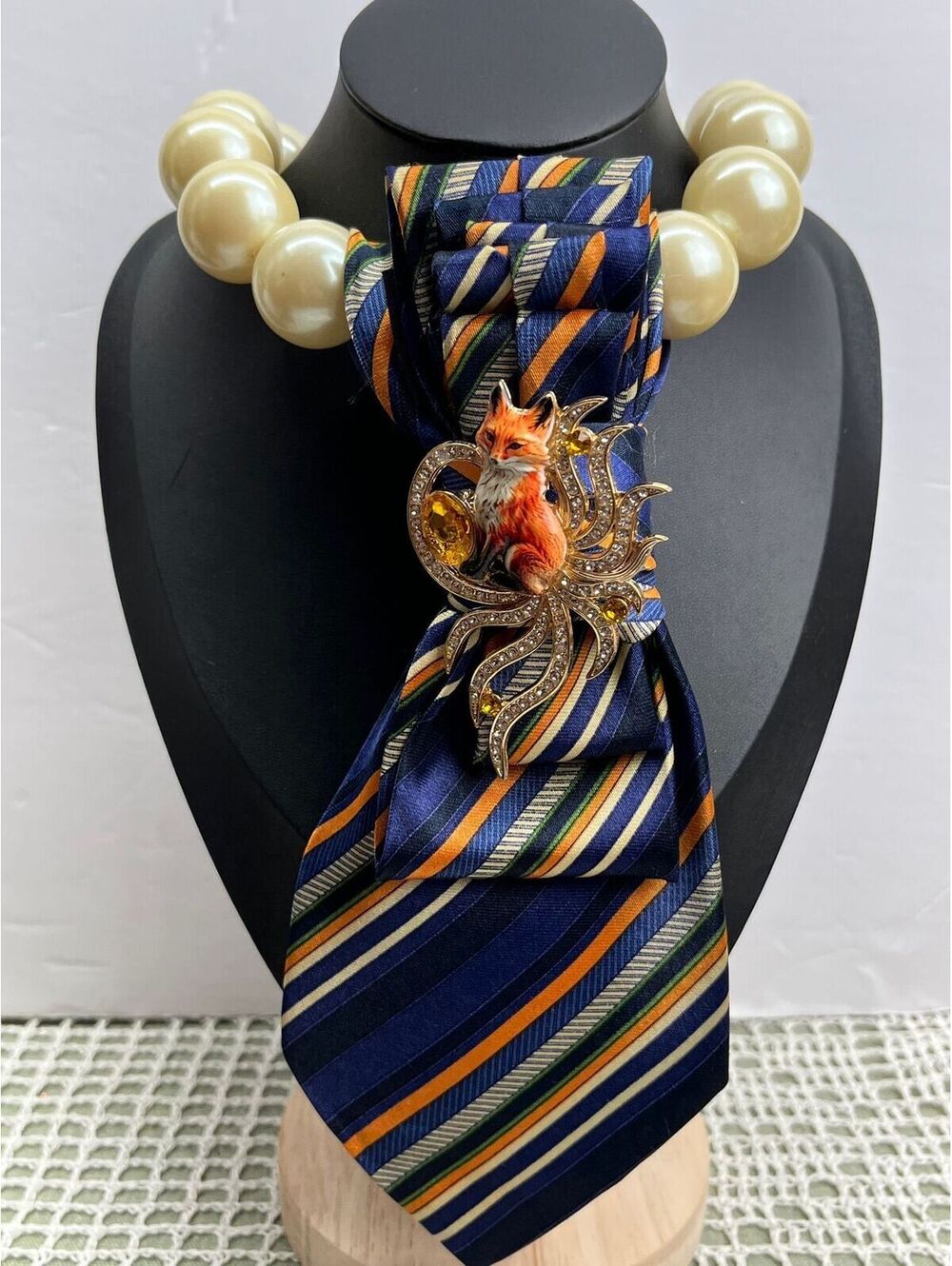 #537 Neck Tie Necklace Blue & Orange Striped Bold Fox Brooch Rhinestone Foxy